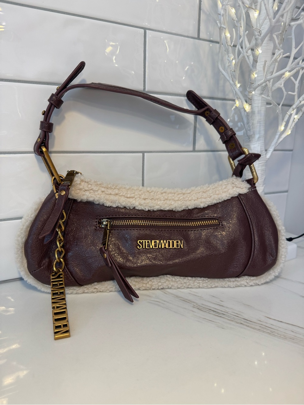 Steve Madden Wine Shoulder Bag with Cream Shearling Trim